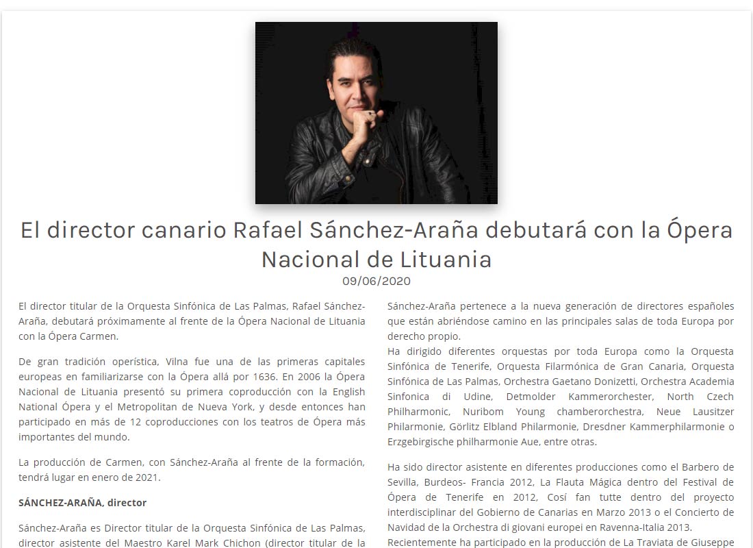 Rafael Sánchez-Araña debutará en la Ópera Nacional de Lituania