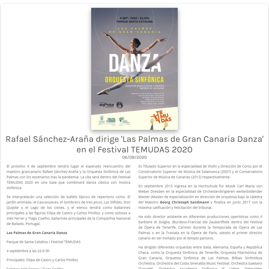 Rafael Sánchez-Araña dirige ‘Las Palmas de Gran Canaria Danza’ en el Festival TEMUDAS 2020